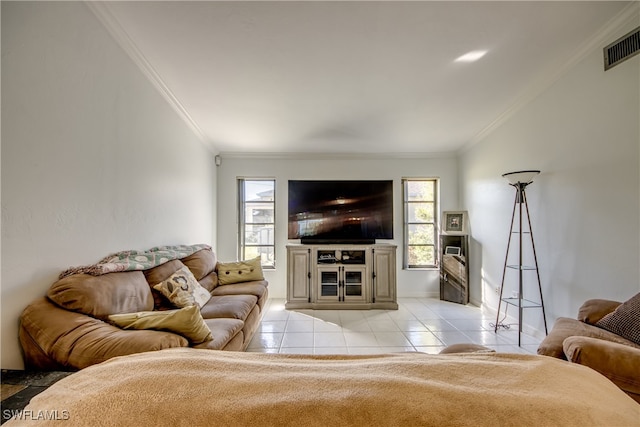 living room with crown molding and light tile patterned floors