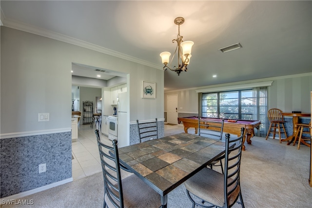 dining space featuring an inviting chandelier, crown molding, light colored carpet, and billiards