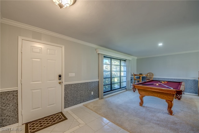 playroom with ornamental molding, billiards, and light tile patterned floors