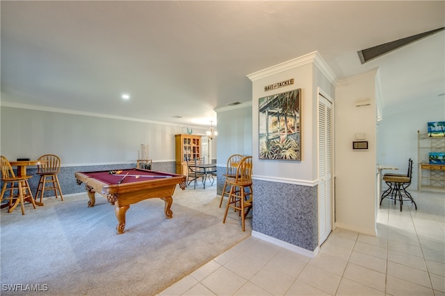 game room featuring ornamental molding, light tile patterned floors, and pool table