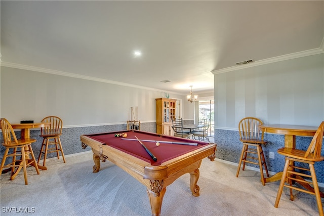 recreation room featuring ornamental molding, light carpet, pool table, and a chandelier