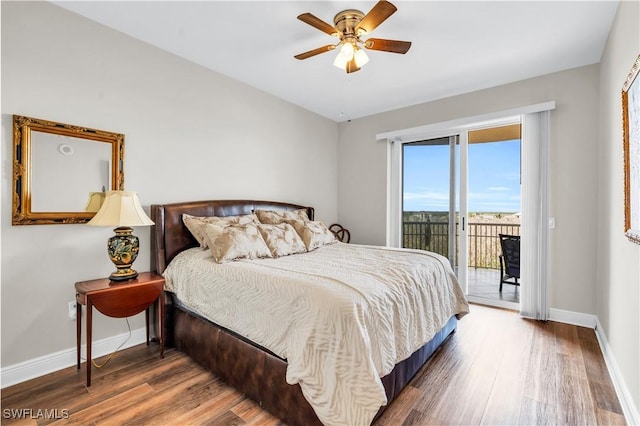 bedroom featuring access to outside, ceiling fan, and hardwood / wood-style flooring