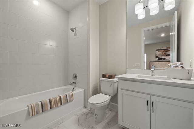 full bathroom with toilet, vanity, shower / bathtub combination, and marble finish floor