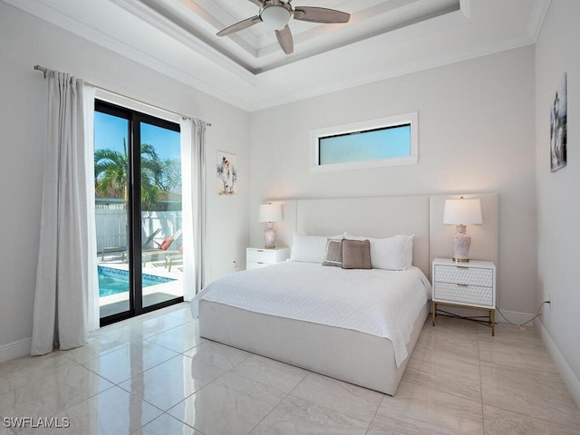 bedroom with ornamental molding, a raised ceiling, access to outside, and ceiling fan