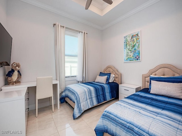 tiled bedroom with ornamental molding and ceiling fan