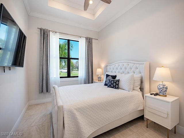 bedroom featuring ceiling fan and crown molding