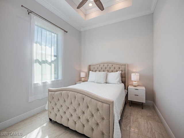 bedroom featuring ornamental molding and ceiling fan