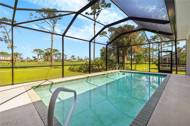 outdoor pool with a lawn, glass enclosure, a patio area, and golf course view