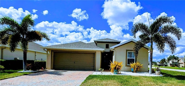 view of front facade with a front yard and a garage