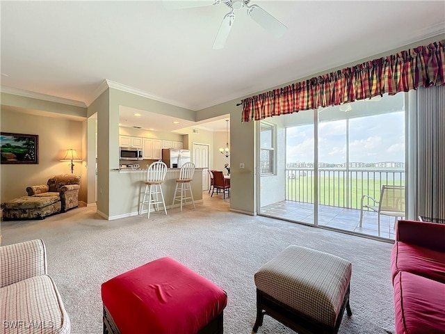 carpeted living room with ceiling fan and crown molding