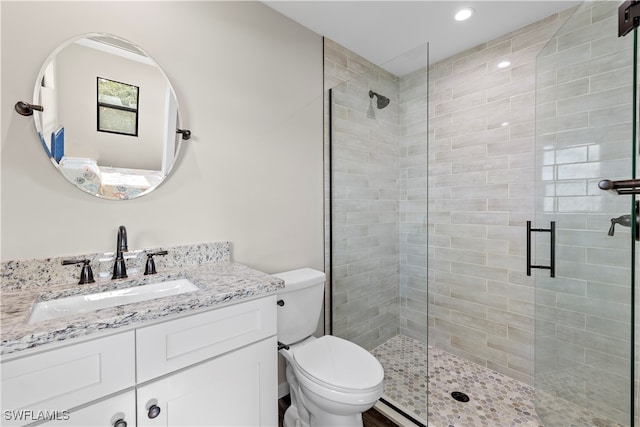 bathroom with vanity, toilet, and walk in shower