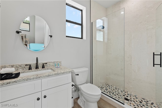 bathroom featuring vanity, toilet, and a shower with shower door