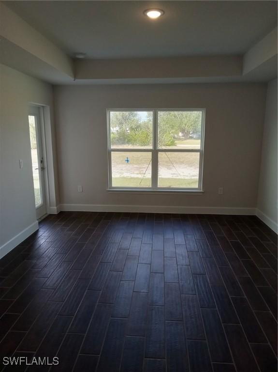 unfurnished room featuring dark hardwood / wood-style flooring and a raised ceiling