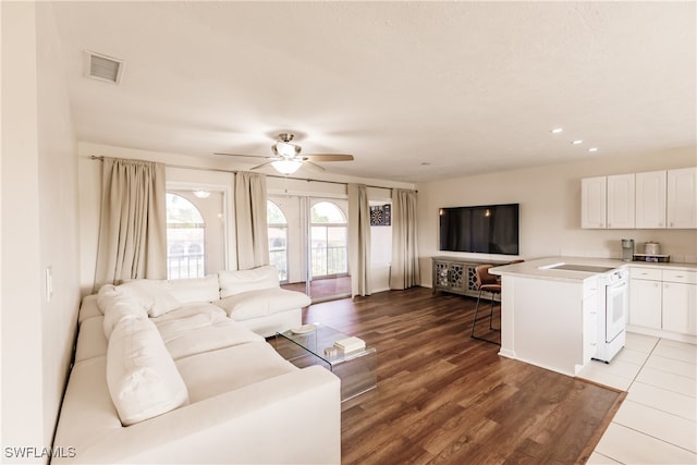 living room featuring light wood-type flooring and ceiling fan