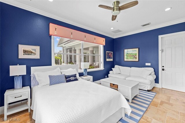 bedroom featuring ceiling fan and ornamental molding