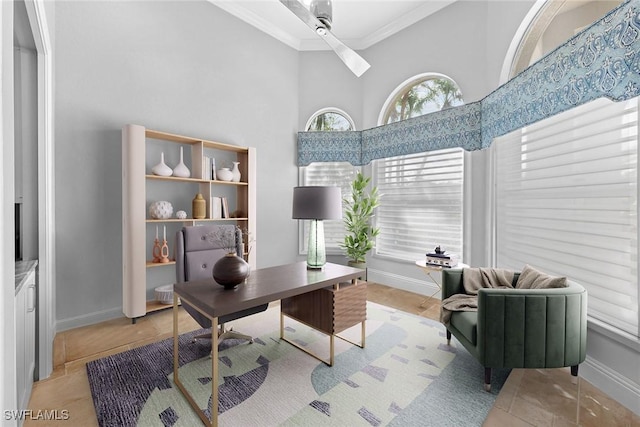 office area featuring ornamental molding and light tile patterned floors