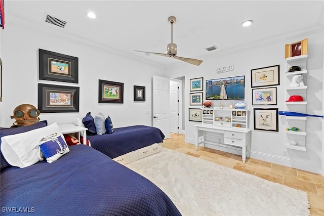 bedroom featuring ceiling fan and ornamental molding