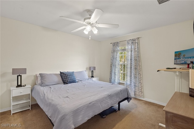 bedroom featuring ceiling fan and carpet floors