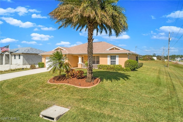 ranch-style home with a garage and a front yard