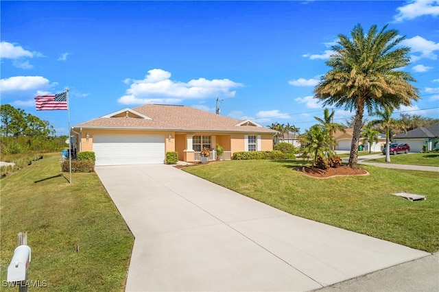 ranch-style house with a garage and a front yard