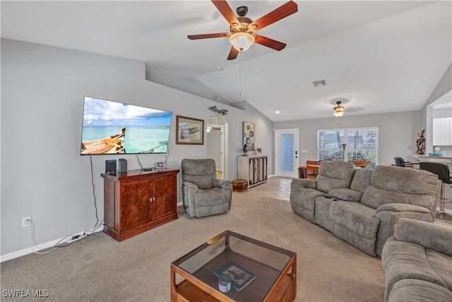 living room with light colored carpet, vaulted ceiling, and ceiling fan