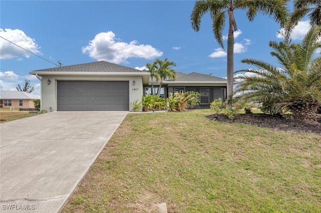 ranch-style house with a front yard and a garage