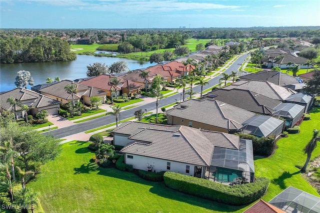 aerial view featuring a water view