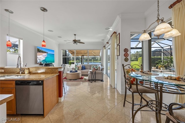 kitchen featuring stainless steel dishwasher, ceiling fan, sink, and a wealth of natural light