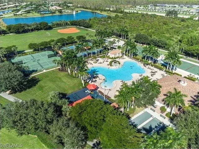 drone / aerial view with a water view