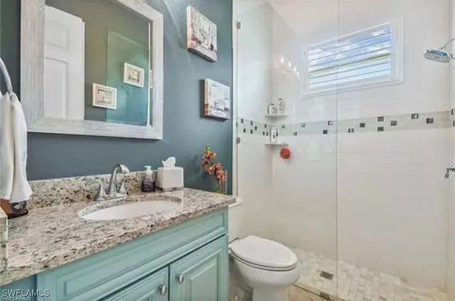 bathroom with vanity, toilet, and walk in shower