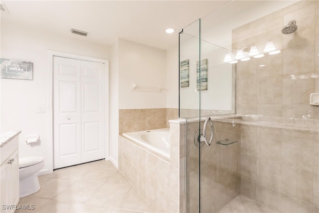 full bathroom with toilet, tile patterned flooring, separate shower and tub, and vanity