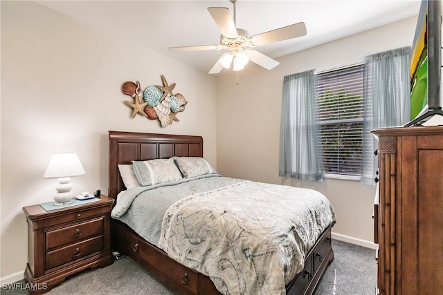 bedroom featuring ceiling fan and carpet