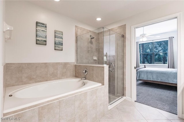 bathroom featuring ceiling fan, tile patterned flooring, and independent shower and bath