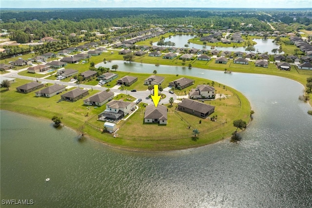 bird's eye view with a water view