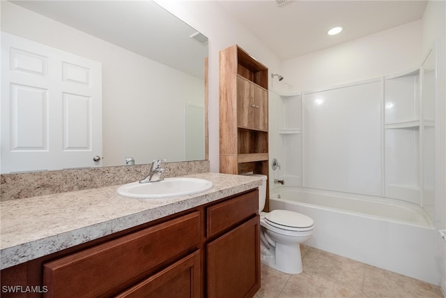 full bathroom with vanity, tub / shower combination, toilet, and tile patterned flooring