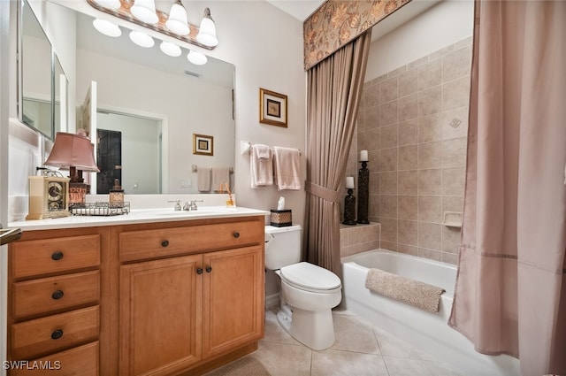 full bathroom with vanity, shower / bath combination with curtain, toilet, and tile patterned floors