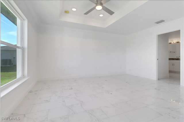 spare room with a tray ceiling, ceiling fan, and plenty of natural light