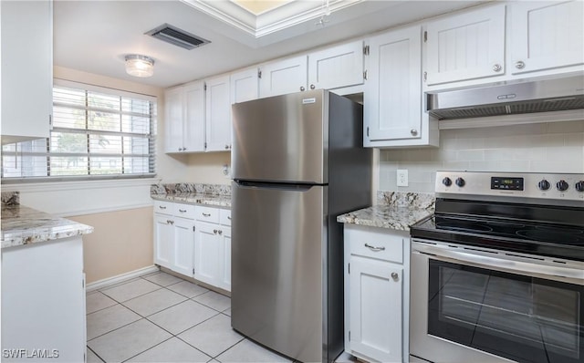 kitchen featuring stainless steel appliances, white cabinetry, visible vents, and under cabinet range hood