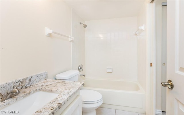 full bathroom featuring washtub / shower combination, tile patterned flooring, vanity, and toilet