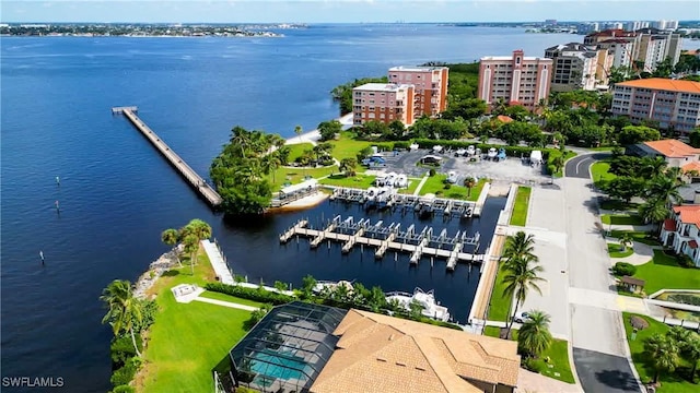 drone / aerial view featuring a water view