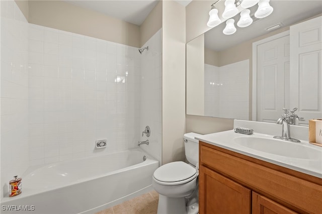 full bathroom with shower / bathtub combination, toilet, vanity, and tile patterned flooring