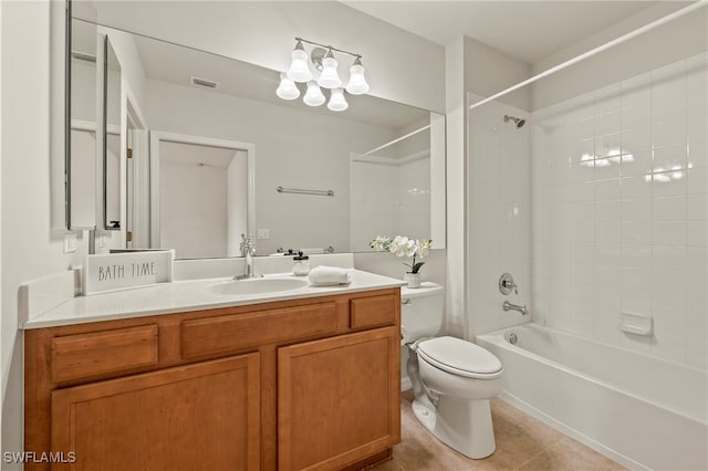 full bathroom featuring tile patterned floors, tiled shower / bath combo, vanity, and toilet