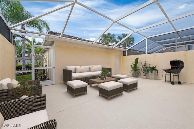 view of patio featuring a lanai and an outdoor living space