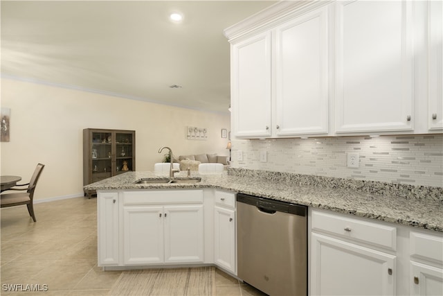 kitchen featuring kitchen peninsula, decorative backsplash, white cabinetry, dishwasher, and sink