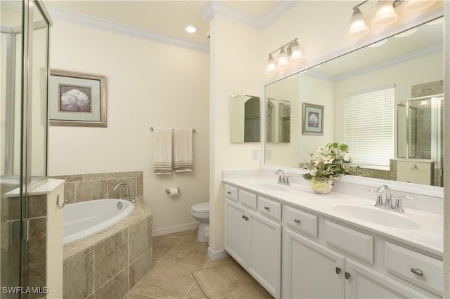 full bathroom featuring separate shower and tub, toilet, vanity, crown molding, and tile patterned floors