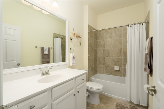 full bathroom with vanity, shower / bath combo, toilet, and tile patterned flooring