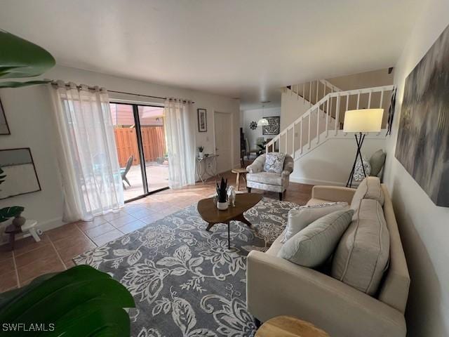 living room with light tile patterned flooring