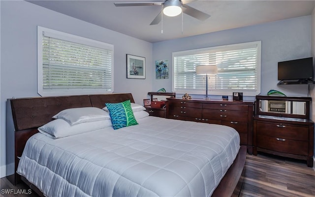 bedroom featuring ceiling fan and dark wood-type flooring