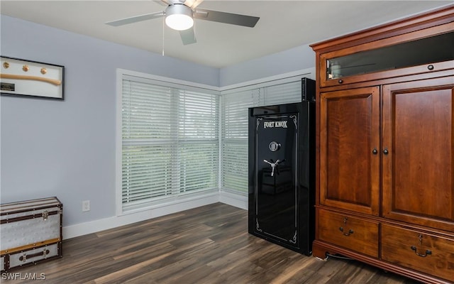 interior space with ceiling fan and dark hardwood / wood-style floors