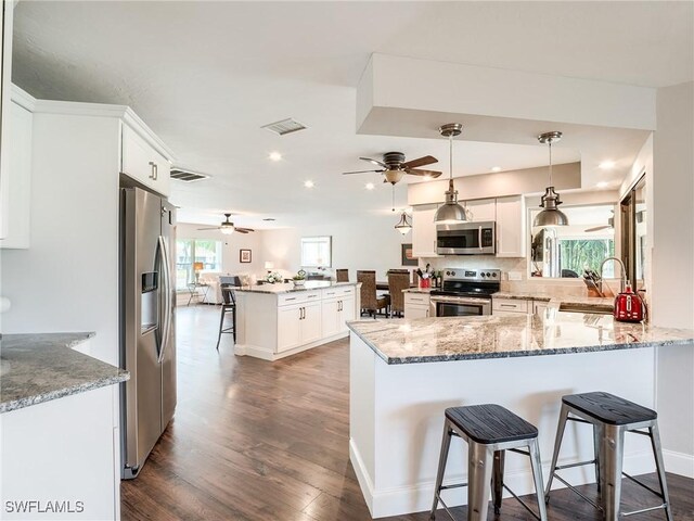 kitchen featuring appliances with stainless steel finishes, kitchen peninsula, dark hardwood / wood-style floors, and white cabinets